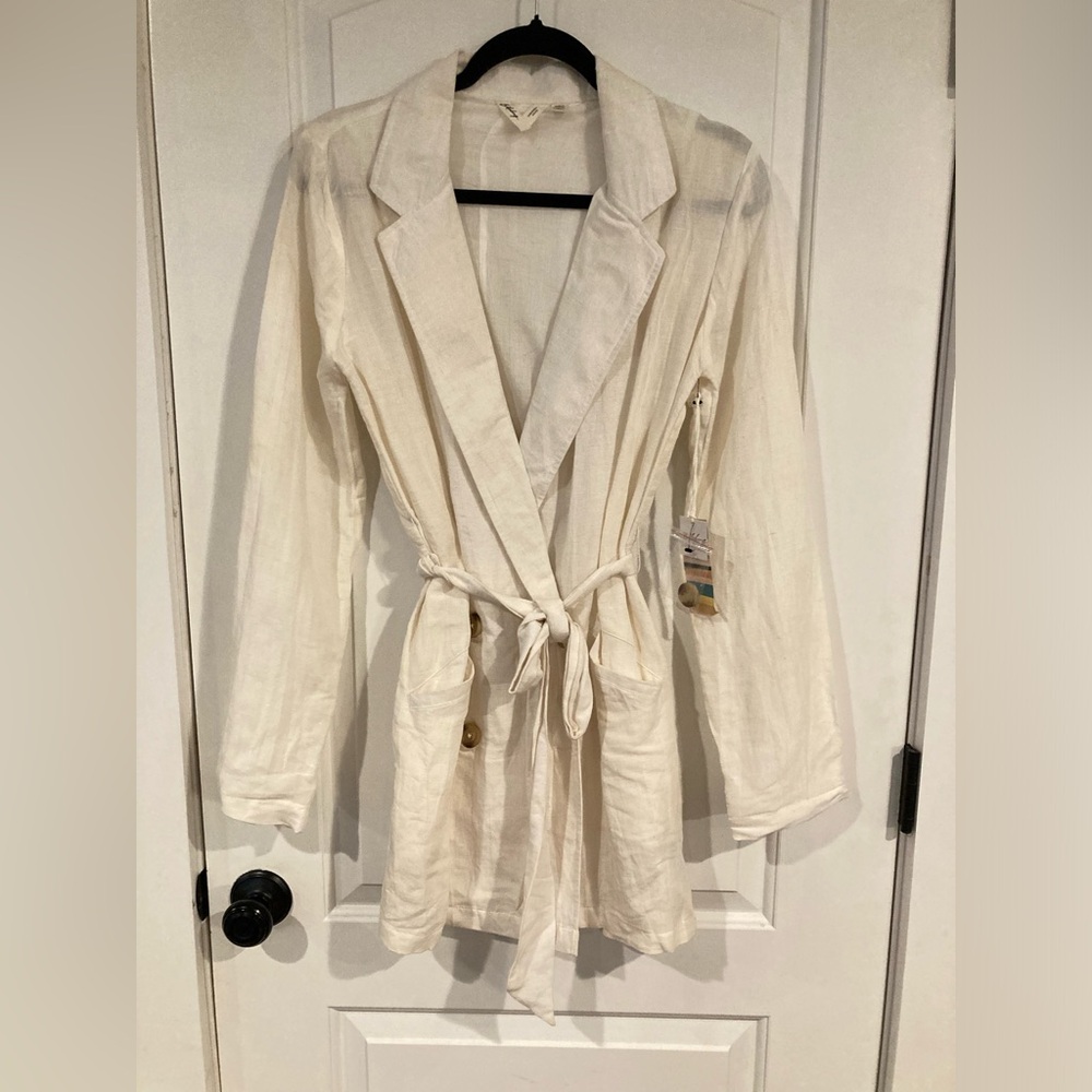 Billabong Sincerely Jules Linen Blazer Tie Waist Light Jacket Cream Ivory Size M